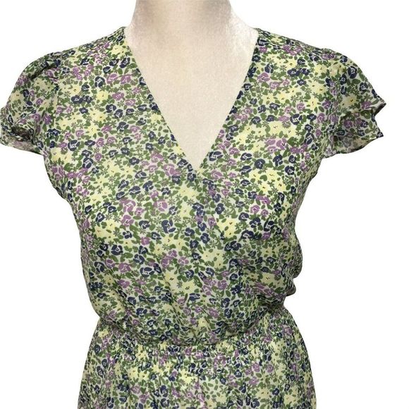 Chrystal Doll green floral ruffle faux wrap dress sz S-M - Picture 2 of 5